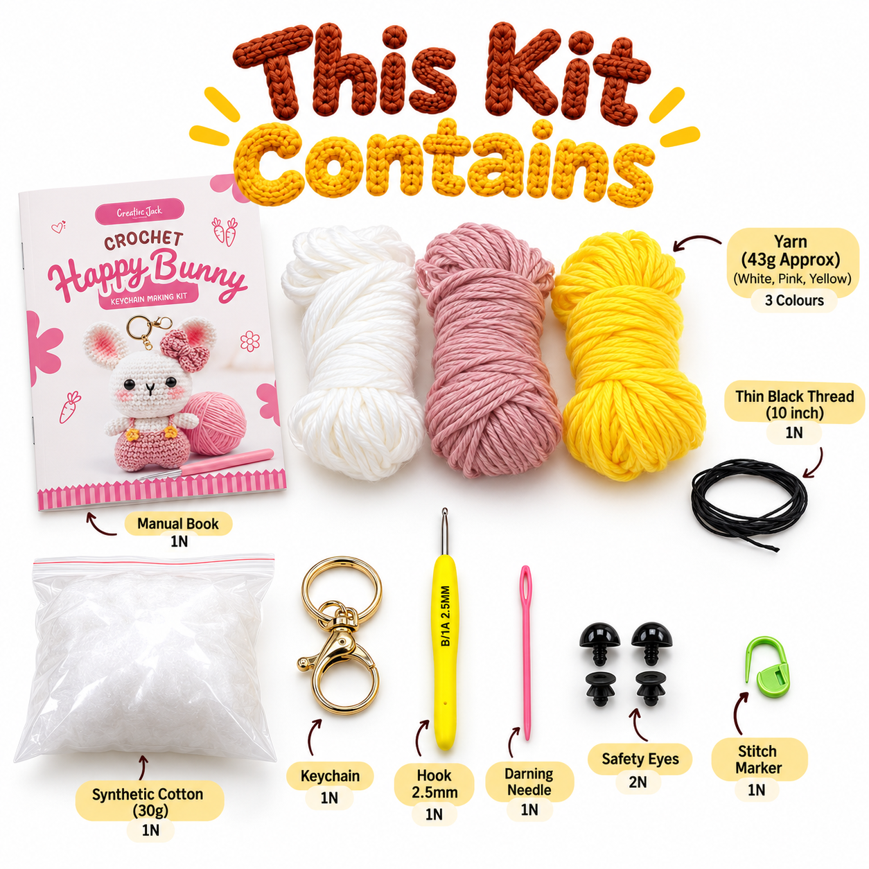 Crochet Keychain Making Kit - happy bunny crochet keychain kit contents