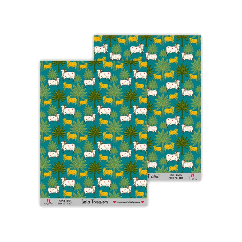 iCraft Insta Transfers Sheet Green Background with Cow and Trees - 7X10 - IT 5101 iCraft