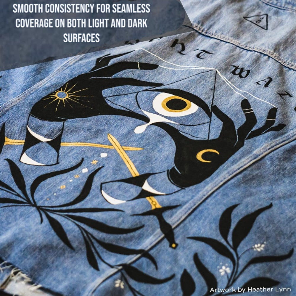 Jacquard Lumiere Metallic Paint applied on fabric – heat-set textile art with shimmering colors