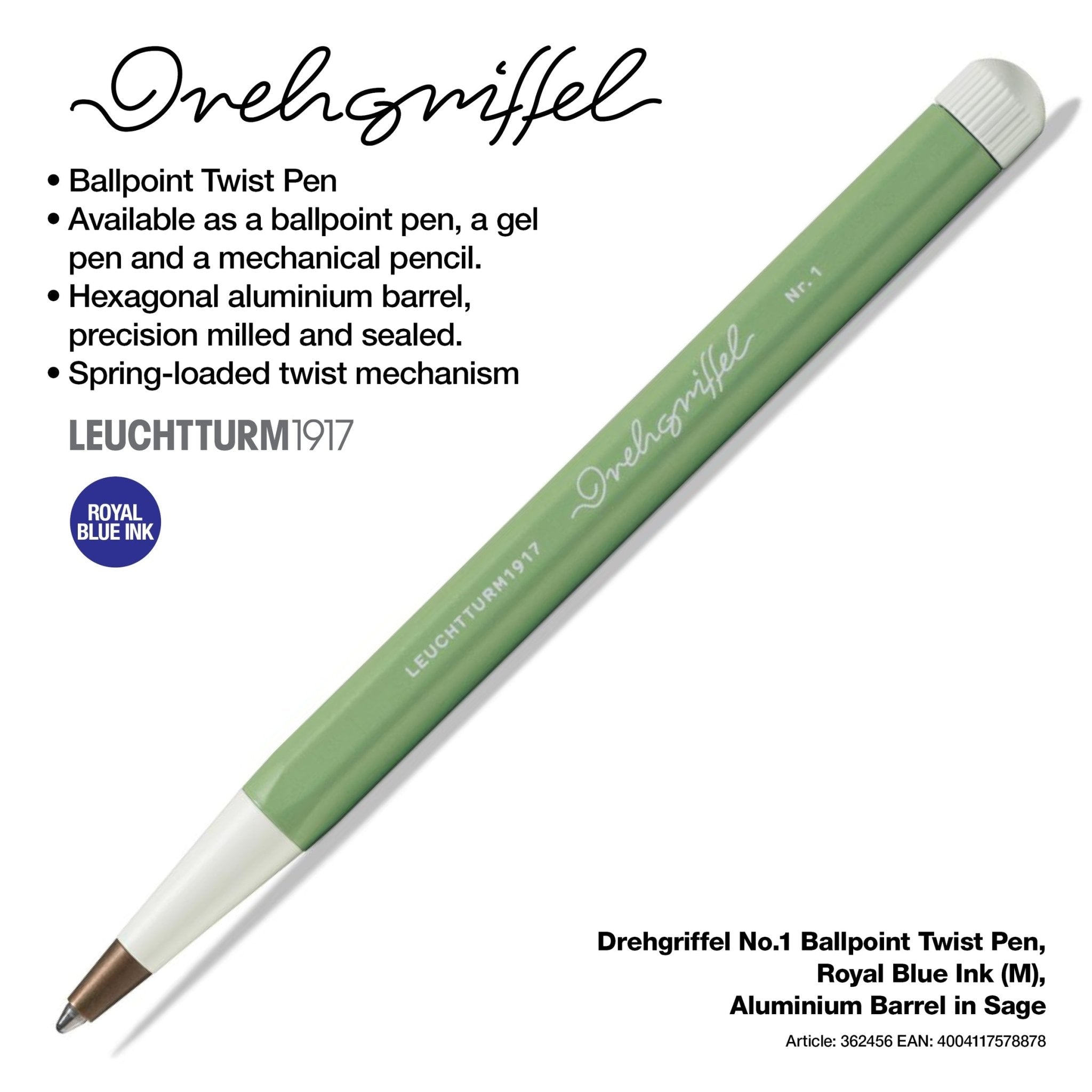LEUCHTTURM1917 Ball Point Pen with Royal Blue Ink | Drehgriffel No. 1 | Sage Green | Twist Mechanism - penpencilink