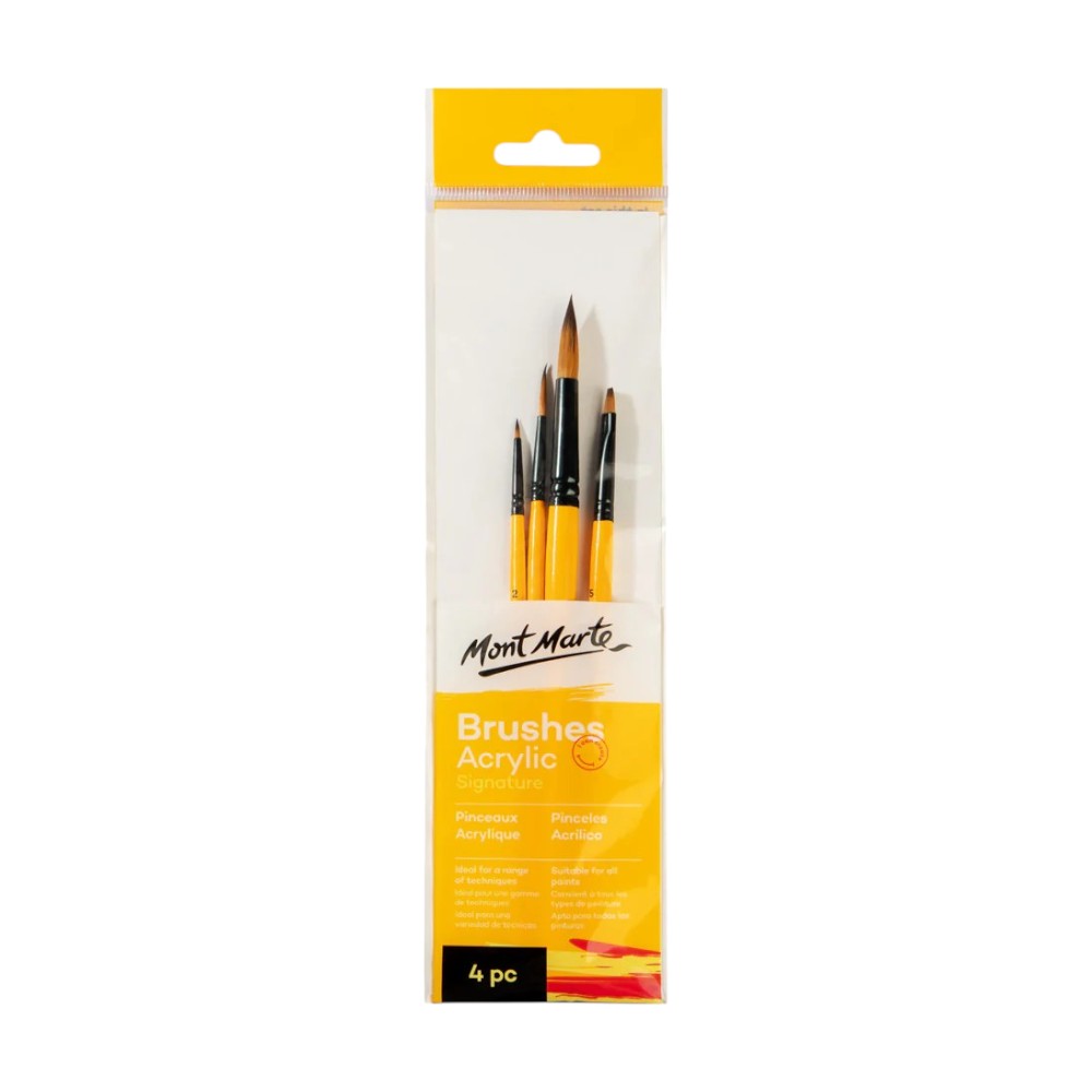 Mont Marte Acrylic Brushes Signature Set of 4 - Includes Detailer, Liner, Round, Flat Brushes for Acrylics