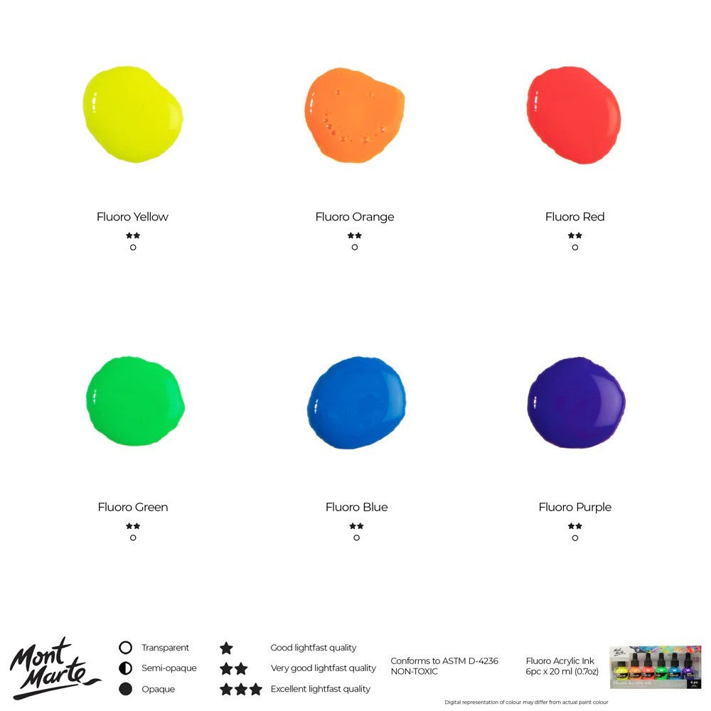 Marte Fluoro Acrylic Ink 6pc Set - Color Chart
