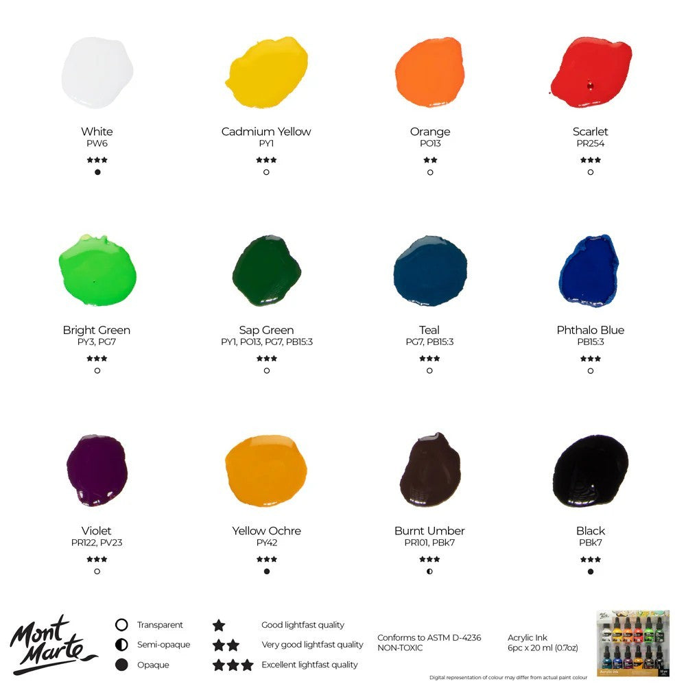 Mont Marte Vibrant Acrylic Ink 12pc Set - Color Chart