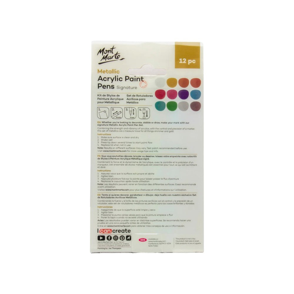 Mont Marte Acrylic Paint Pens - Broad Tip - 12pc Metallic - Back View