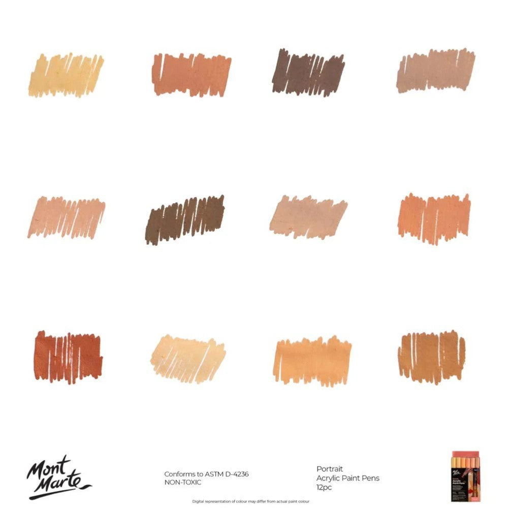 Mont Marte Acrylic Paint Pens - Broad Tip - 12pc Portrait Shades - Colour Chart