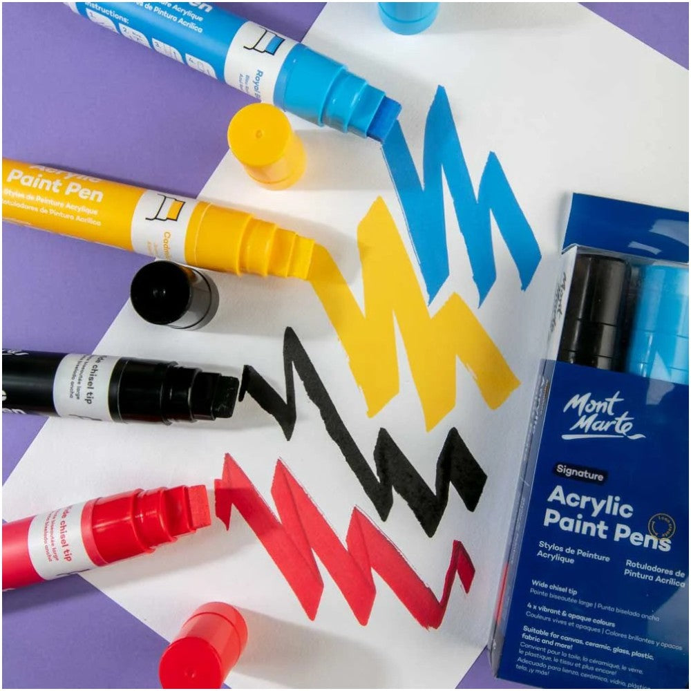 Mont Marte Acrylic Paint Pens - Chisel Tip - 4pc Essential Colors - Colour Chart