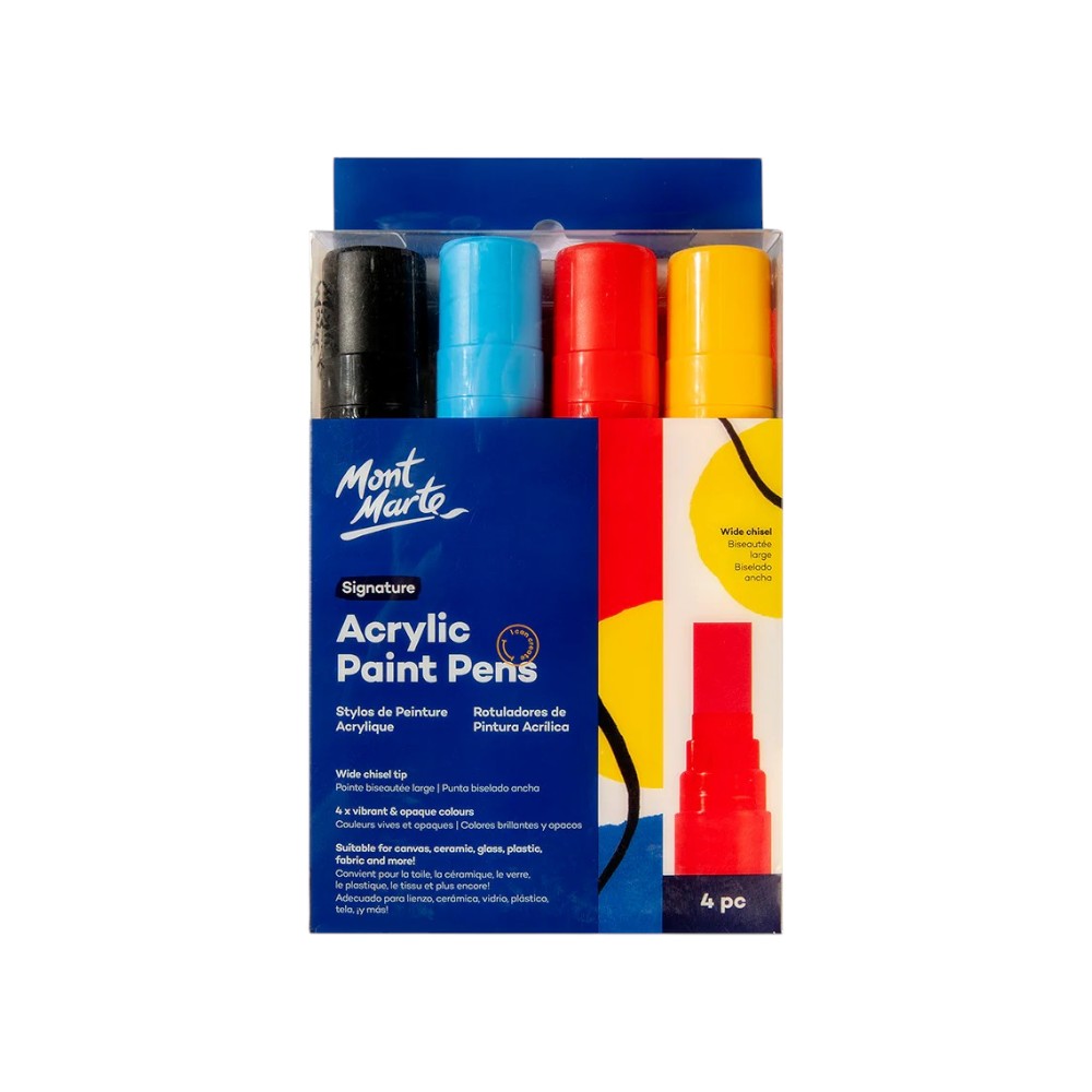 Mont Marte Acrylic Paint Pens - Chisel Tip - 4pc Essential Colors - Front View