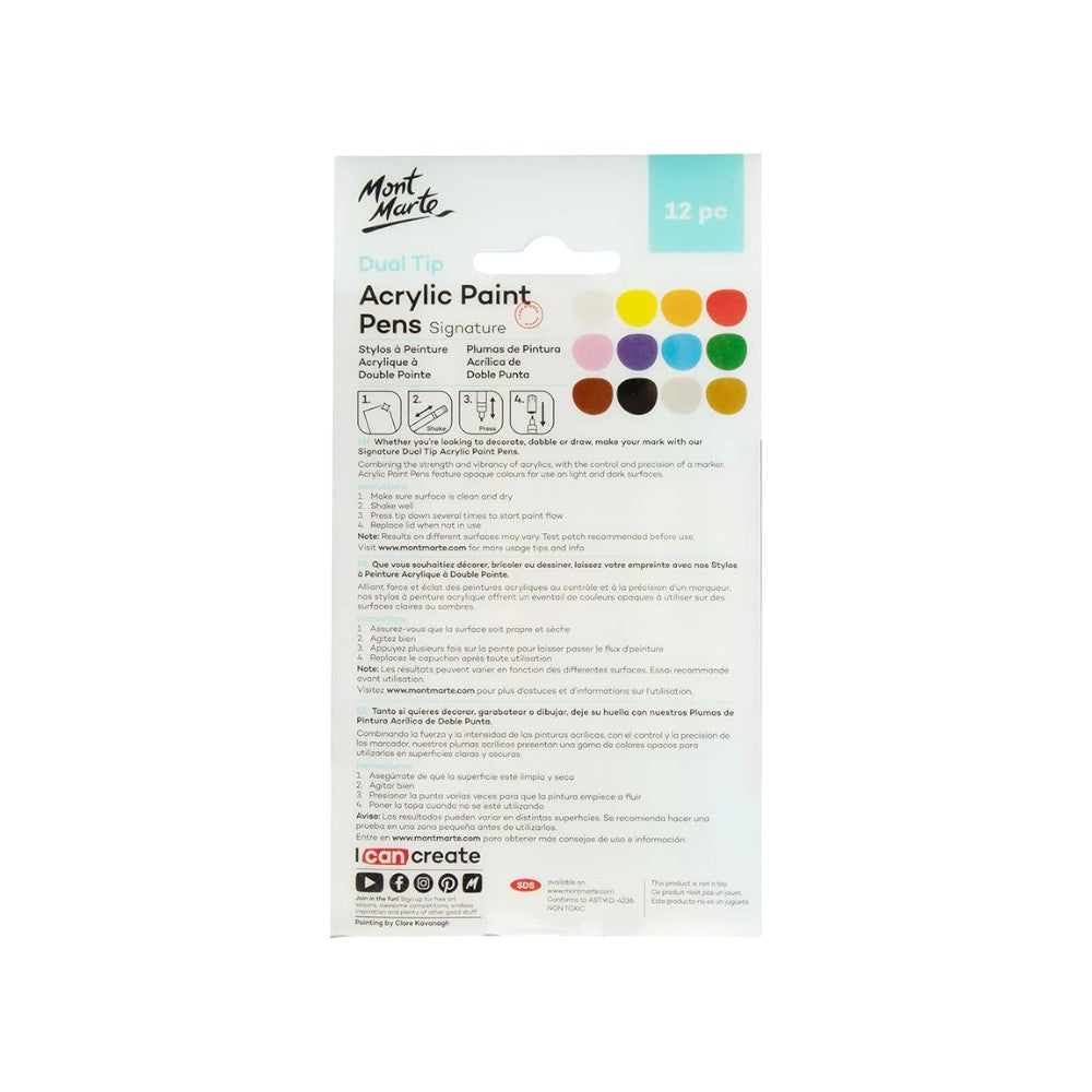 Mont Marte Acrylic Paint Pens - Dual Tip - 12pc Opaque - Back View
