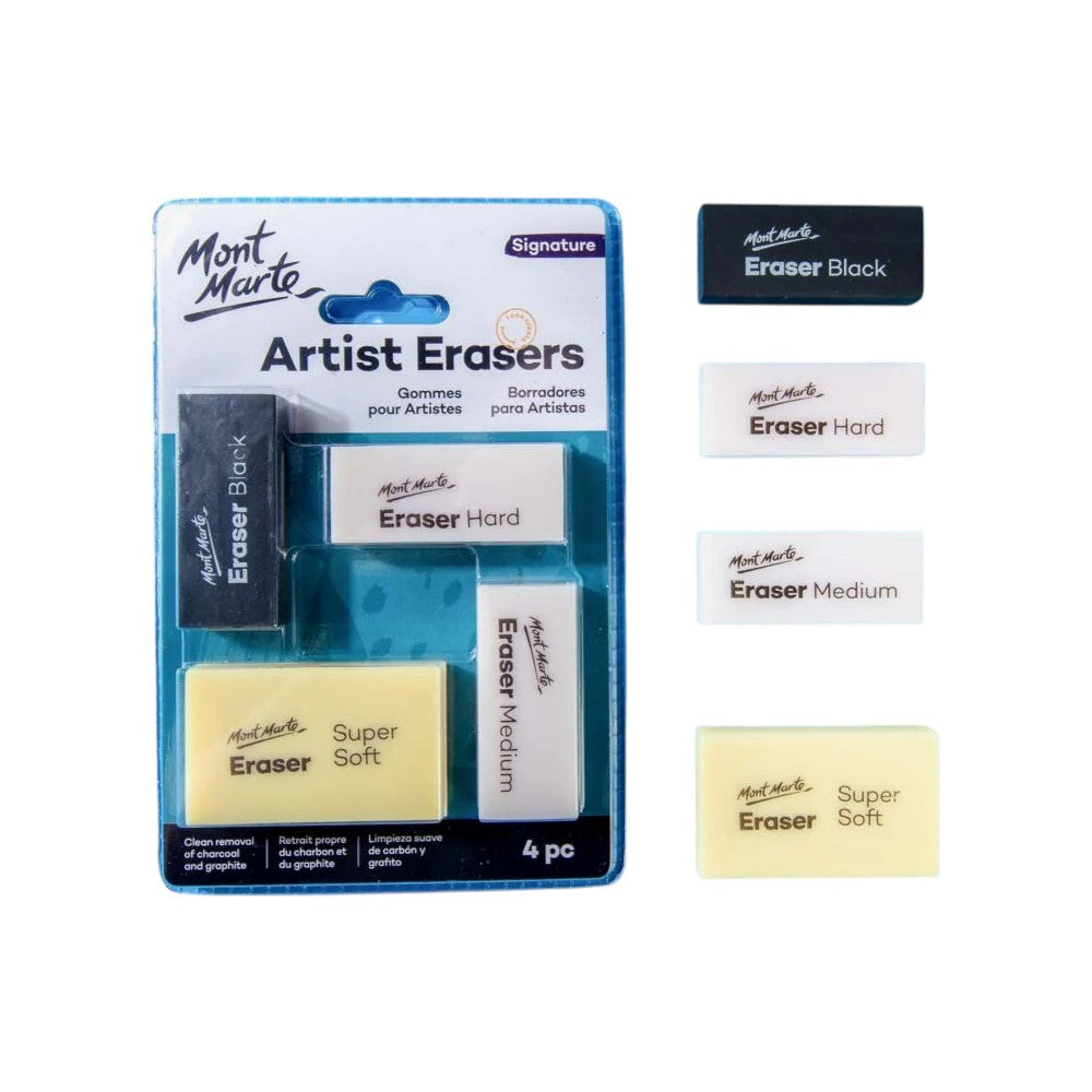 Mont Marte Signature Artist Erasers Set in its original packaging, featuring 4 erasers for various artistic needs.