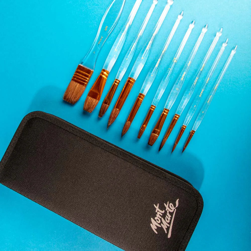 Full view of 11 watercolor brushes with clear handles
