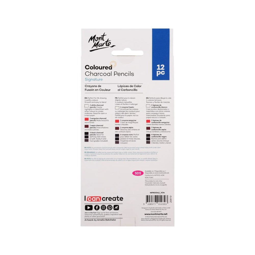 Mont Marte Signature Coloured Charcoal Pencils Set - 12pc Mont Marte
