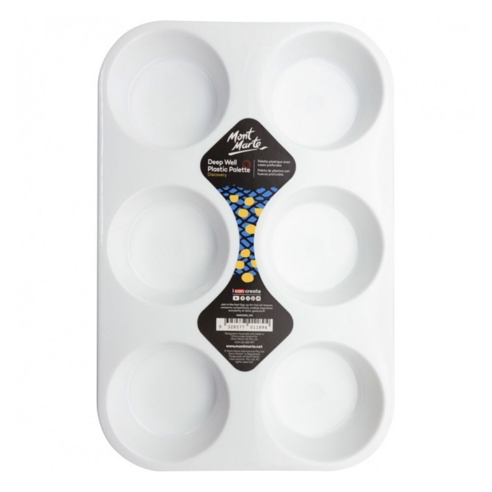 Mont Marte Deep Well Plastic Palette with 6 wells, ideal for acrylic, gouache, and watercolour painting.