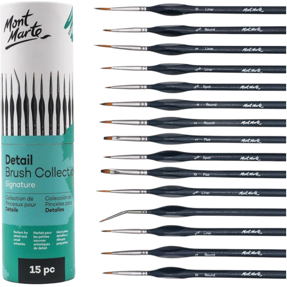 Mont Marte Detail Brush Collection - Signature Set of 15, showcasing all brush types and sizes.