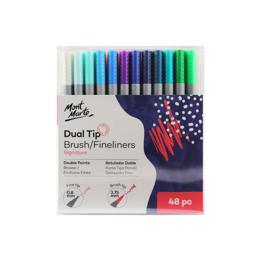Front view of Mont Marte Dual Tip Brush-Fineliners Set of 48 in packaging