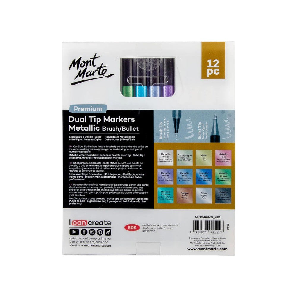 Mont Marte Premium Dual Tip Markers Brush/Bullet - Set of 12 - Choose
