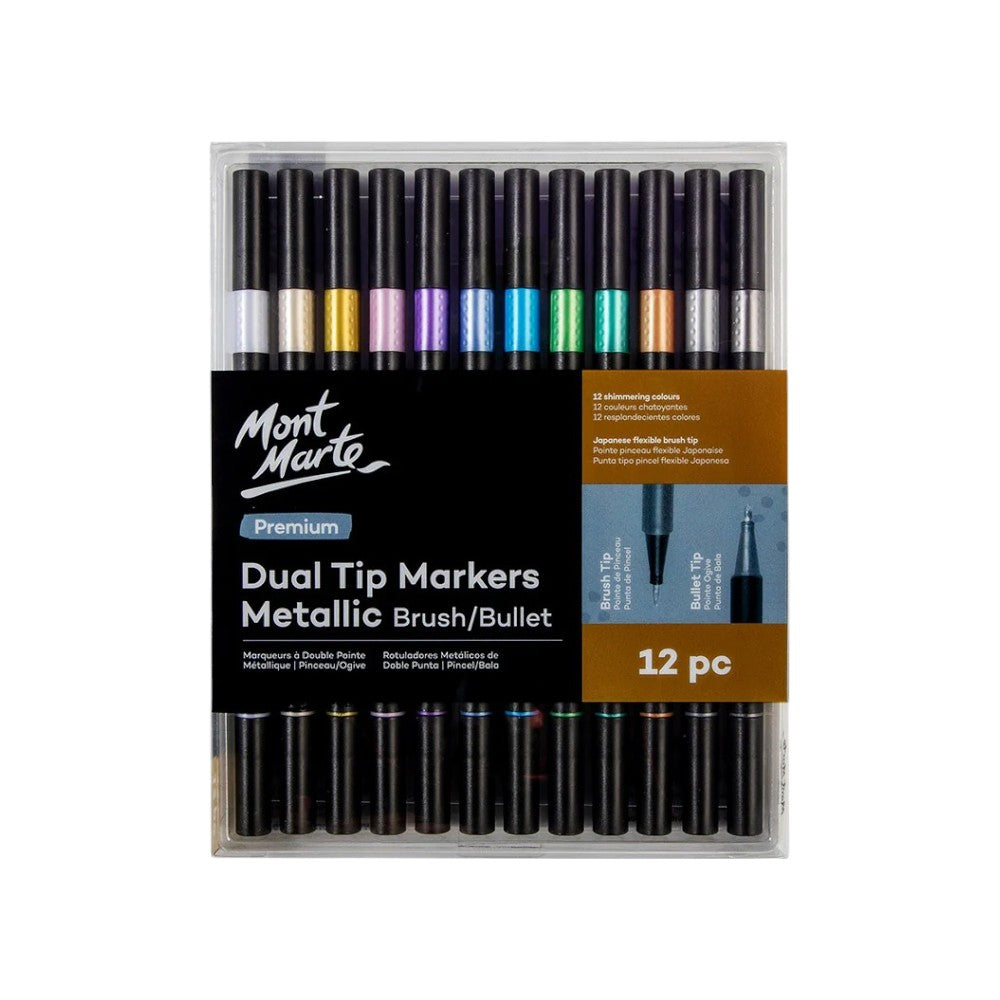 Mont Marte Premium Dual Tip Markers Brush/Bullet - Set of 12 - Choose