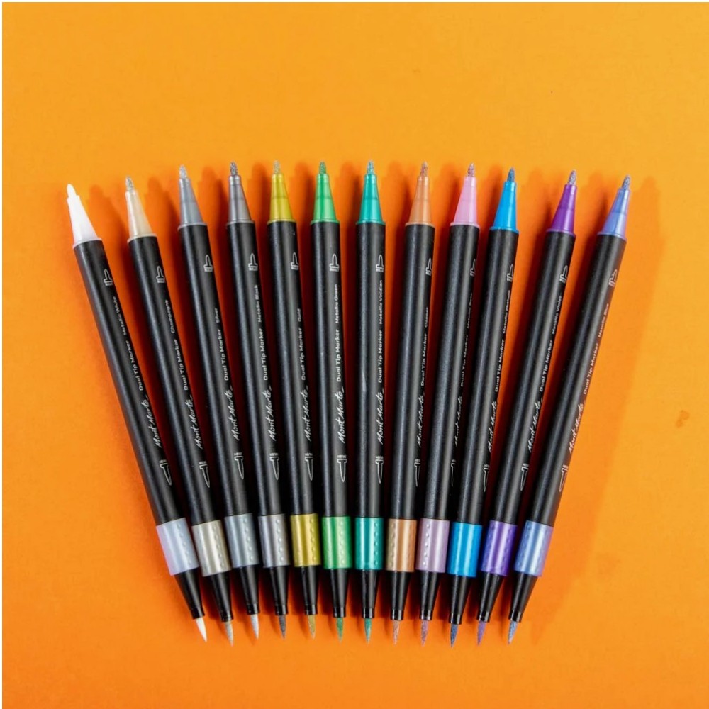 Mont Marte Premium Dual Tip Markers Brush/Bullet - Set of 12 - Choose