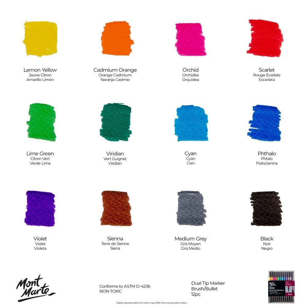 Mont Marte Premium Dual Tip Markers Brush/Bullet - Set of 12 - Choose