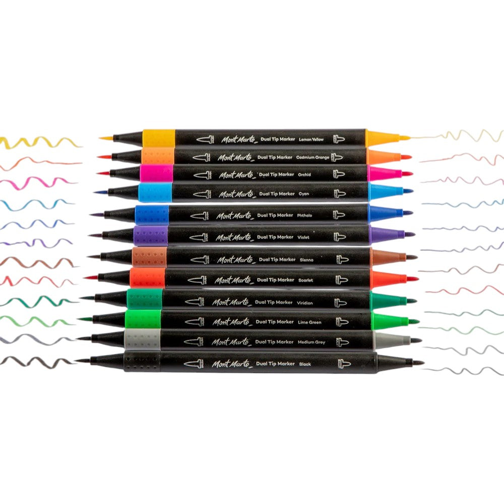 Mont Marte Premium Dual Tip Markers Brush/Bullet - Set of 12 - Choose