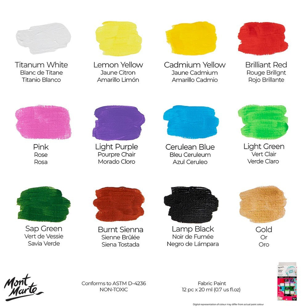 Mont Marte Fabric Paint Set (12x20ml) colour chart showcasing Titanium White, Lemon Yellow, Cadmium Yellow, Brilliant Red, Pink, Light Purple, Cerulean Blue, Light Green, Sap Green, Burnt Sienna, Lamp Black, and Gold.