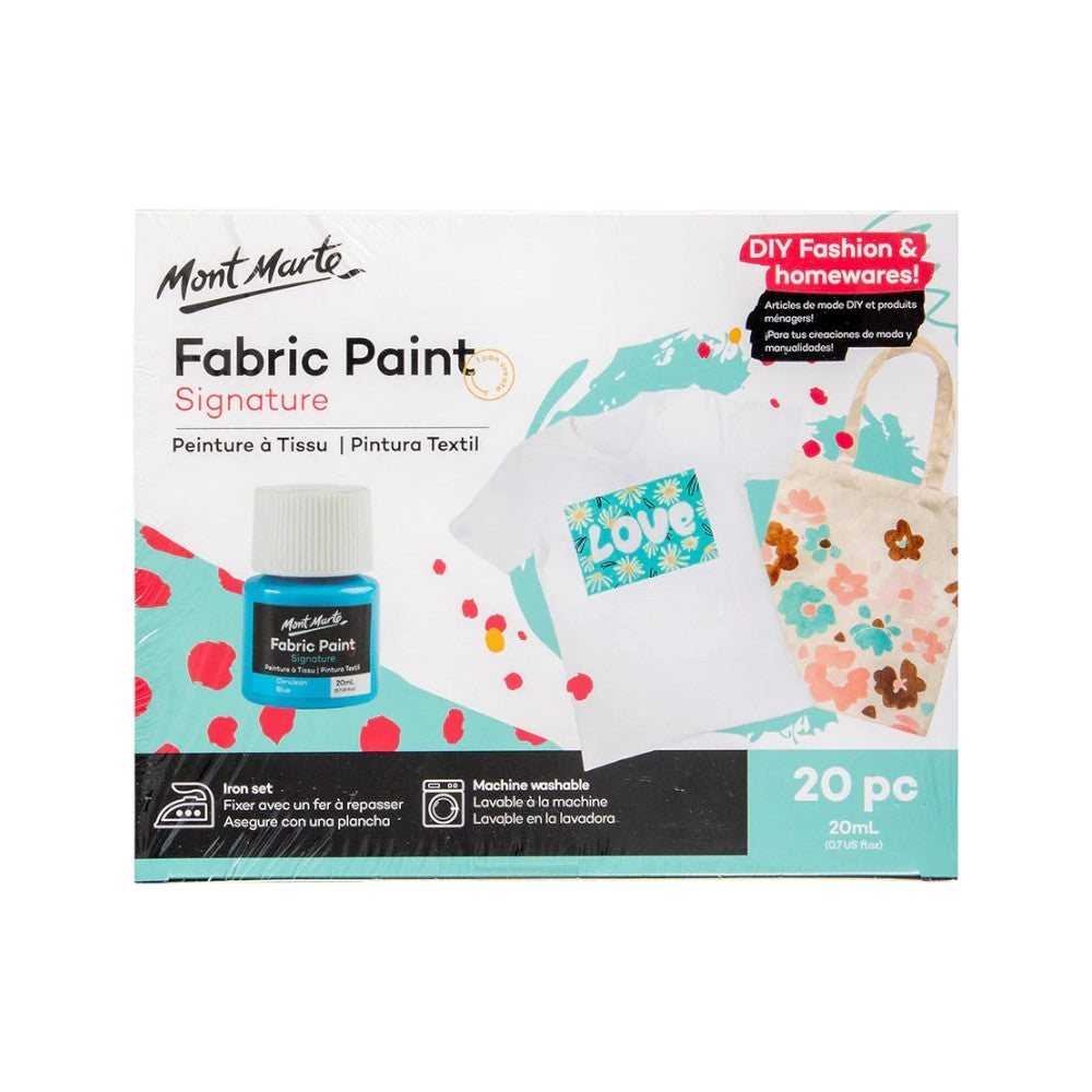 Mont Marte Fabric Paint Set (20x20ml) with mixable and machine-washable colours.