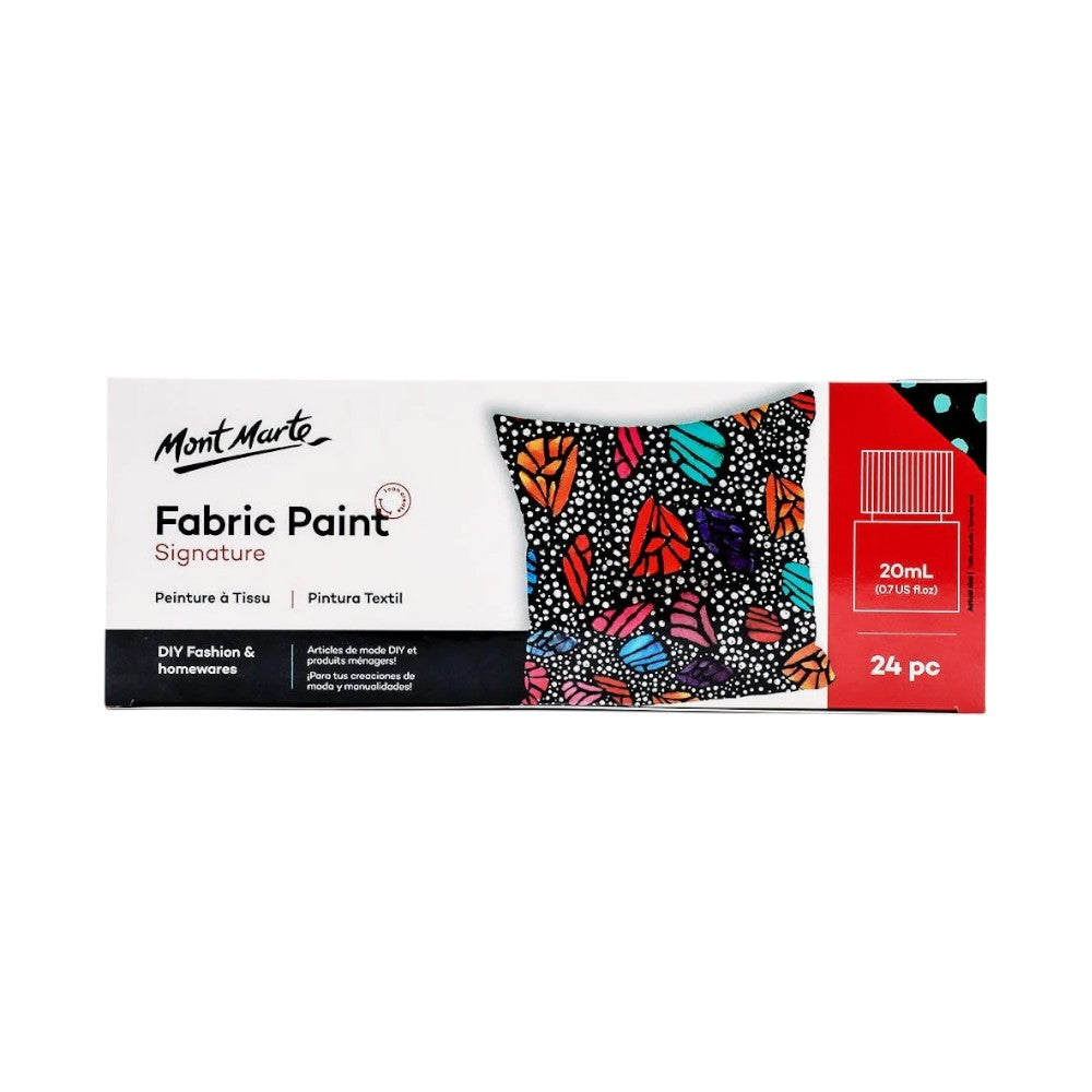 Mont Marte Fabric Paint Set (24x20ml) ideal for DIY fashion and homeware projects.