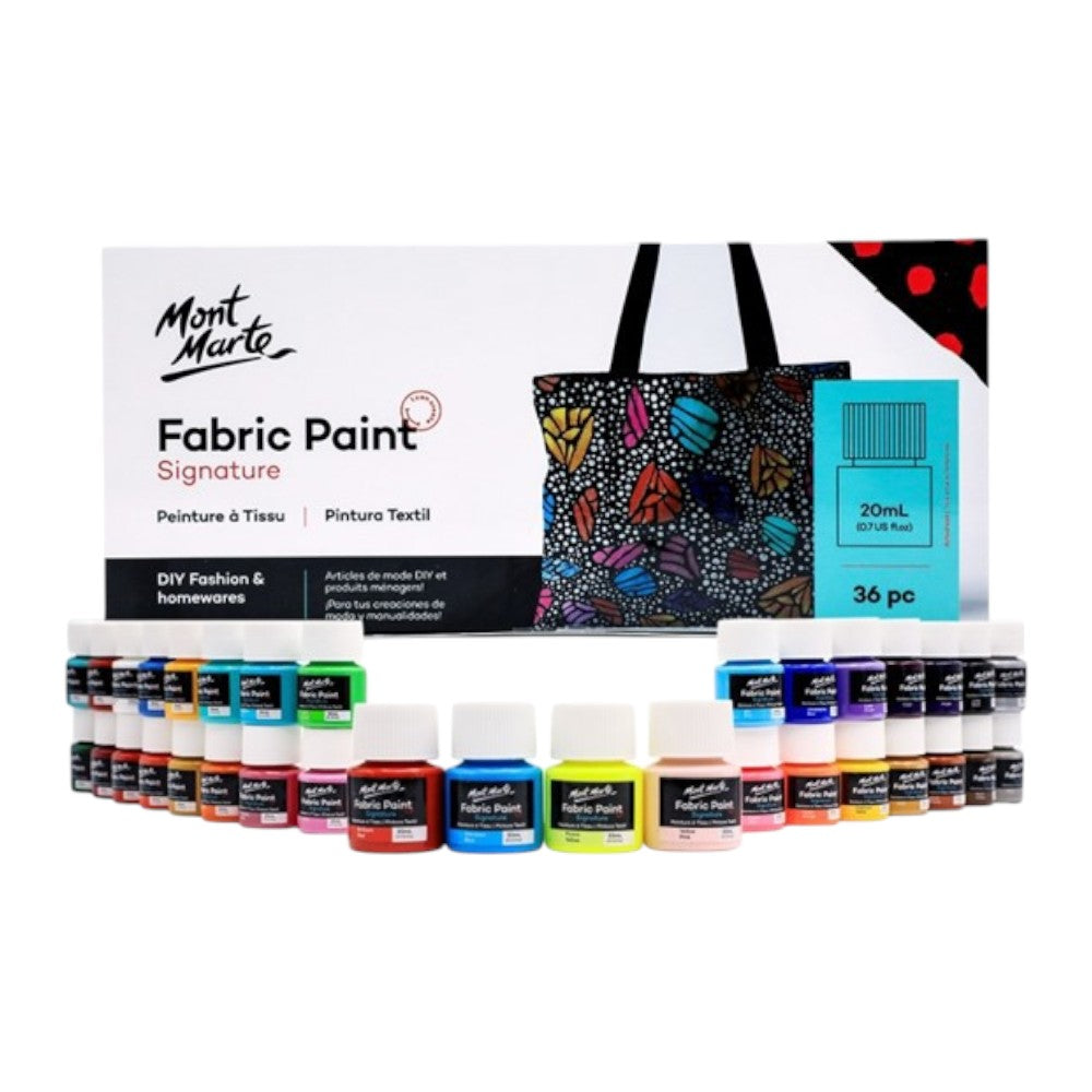 Mont Marte Fabric Paint Set (36x20ml) open view displaying an extensive range of vibrant fabric colours.