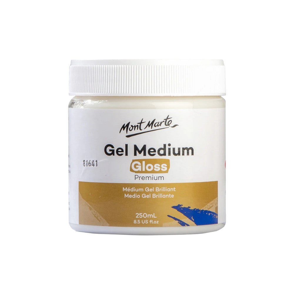 Top view of Mont Marte Gloss Gel Medium open jar showing shiny gel surface