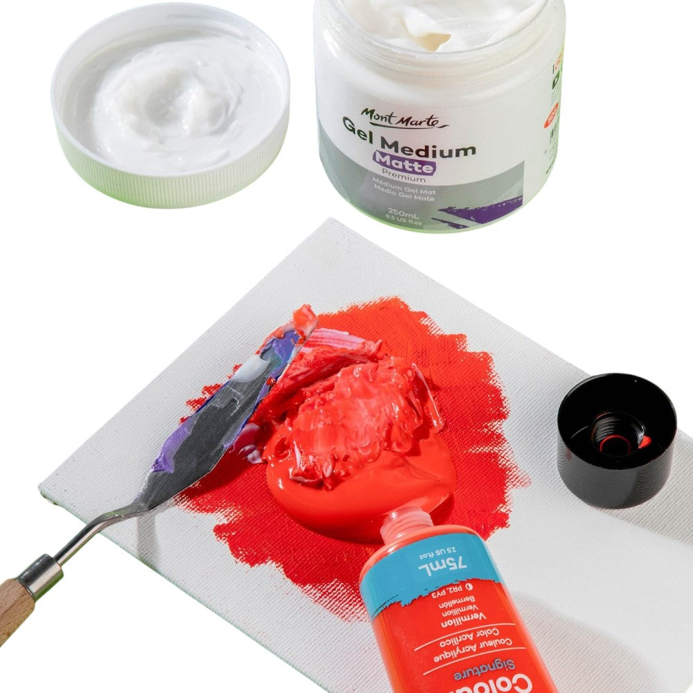 Matte gel medium mixed with acrylic paint on canvas surface