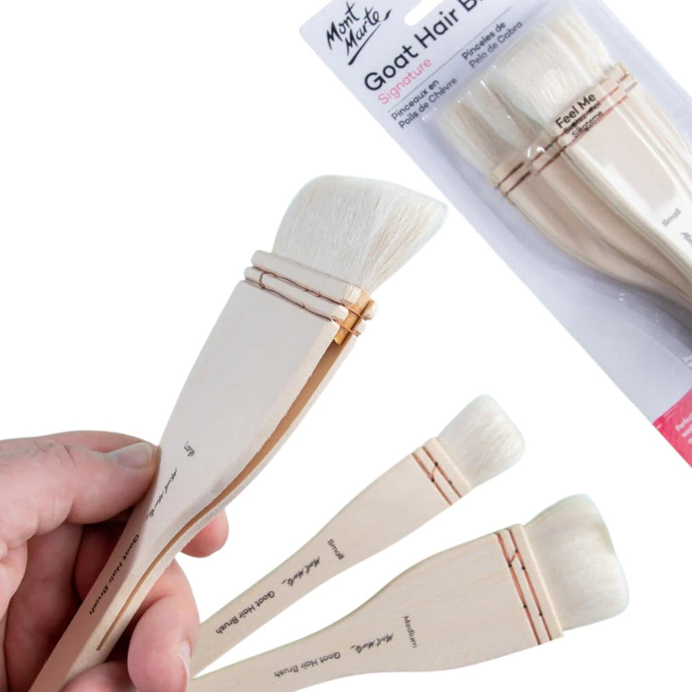 Close-up of a Mont Marte goat hair brush in hand