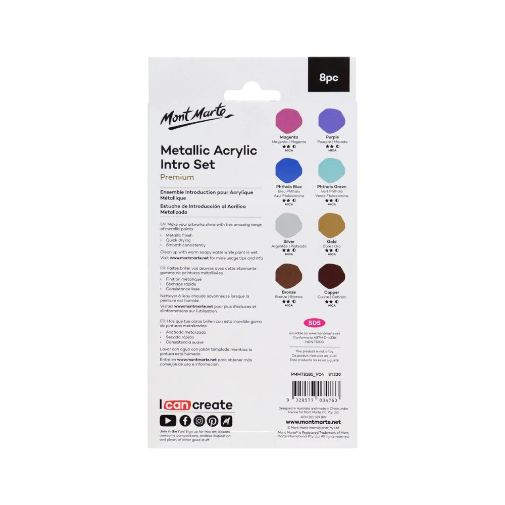 Mont Marte Premium Metallic Acrylic Paint Set - 8 Shades x 18ml Tubes