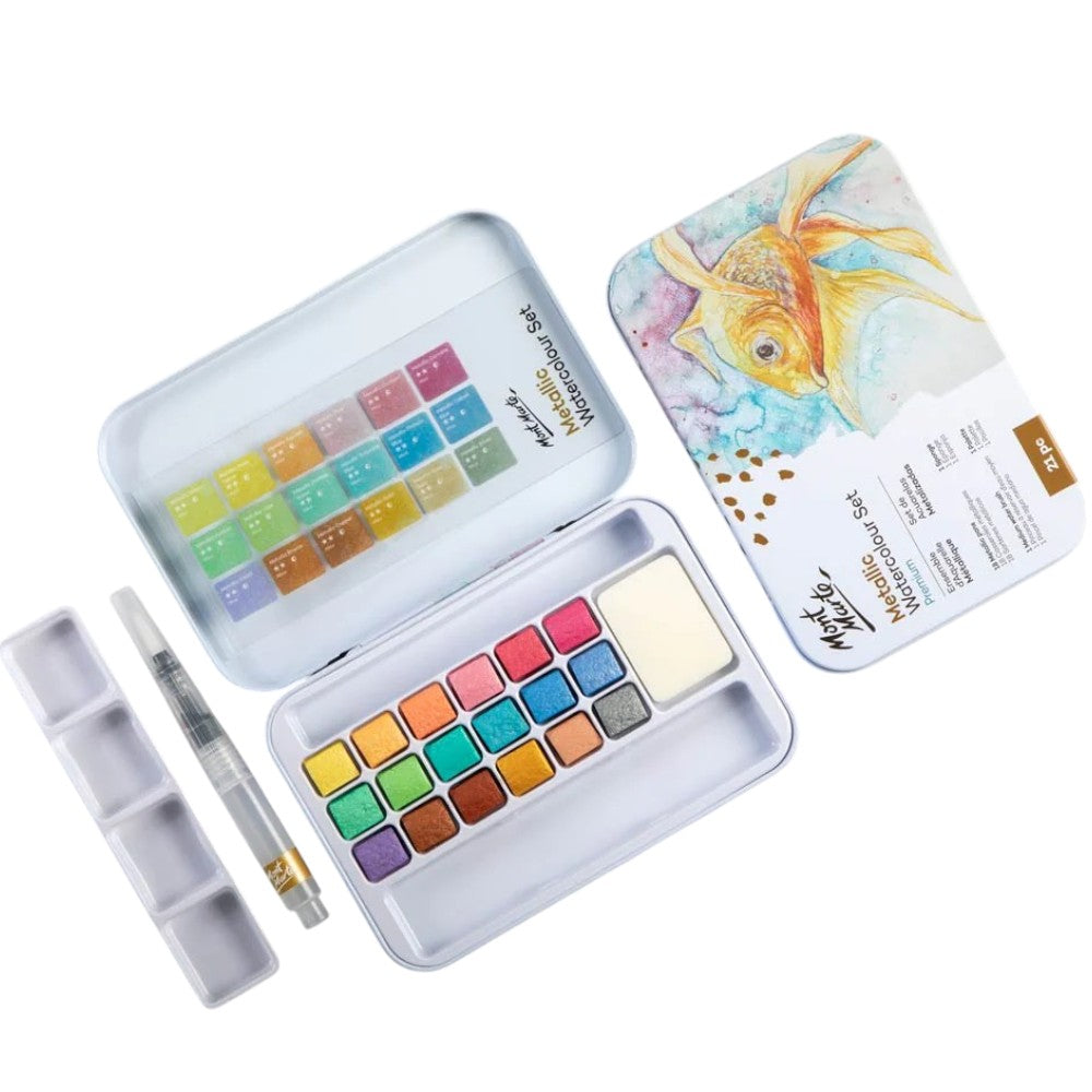 Open Mont Marte Metallic Watercolour Cake Set Premium showcasing metallic colors and accessories