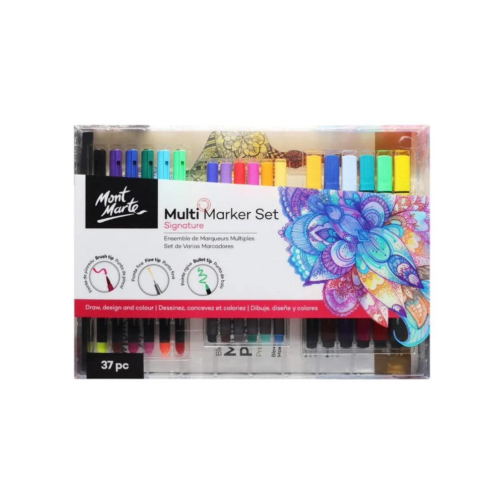 Front view of Mont Marte Multi Marker Set Signature 37pc with marker pad and pens