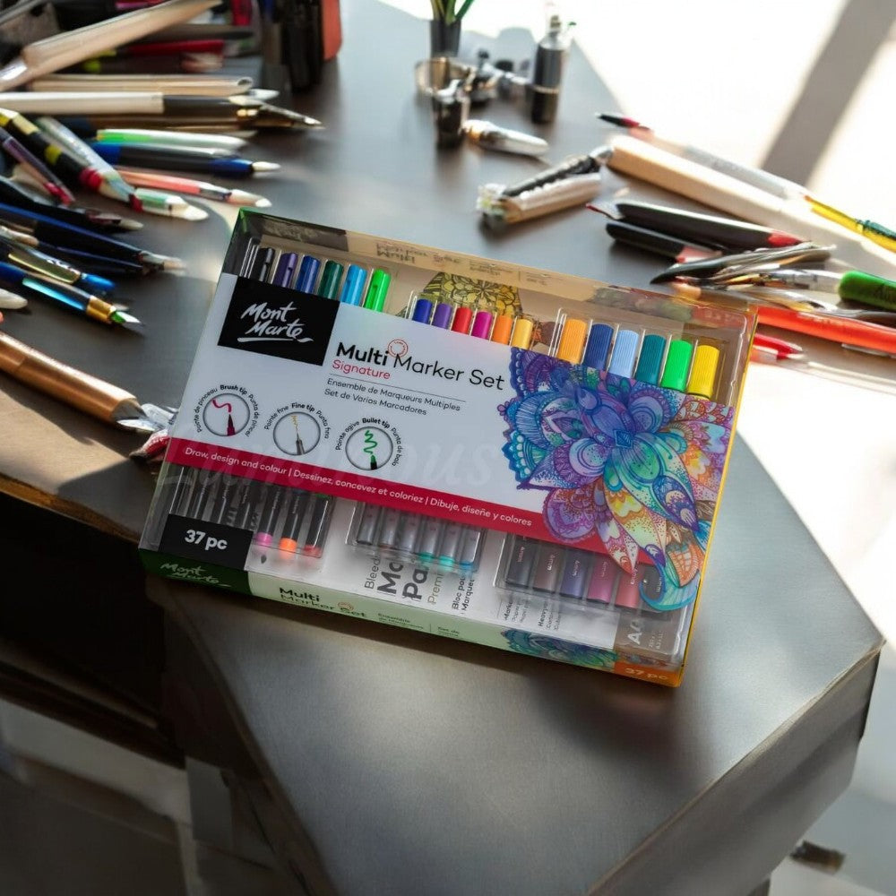 Mont Marte Multi Marker Set displayed with watercolour markers, brush markers, and fineliners