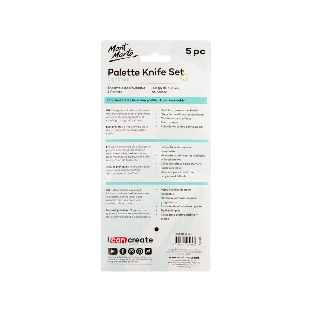 Mont Marte Palette Knife Set of 5 - Back Packaging View
