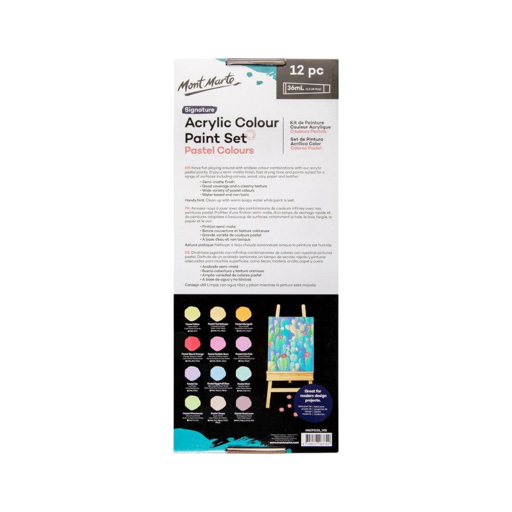Mont Marte Signature Acrylic Pastel Paint Set (12x36ml) back view with product details and instructions.