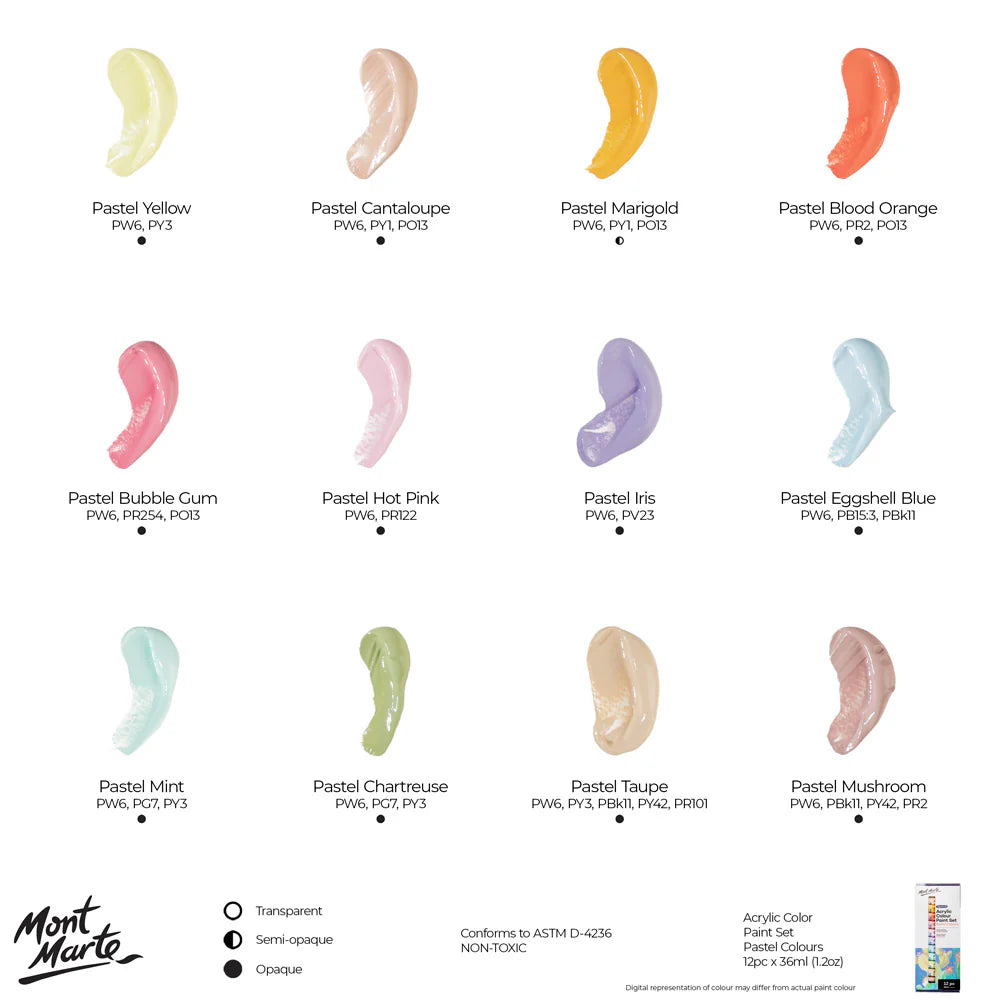 Mont Marte Signature Acrylic Pastel Paint Set (12x36ml) colour chart displaying all available pastel shades.