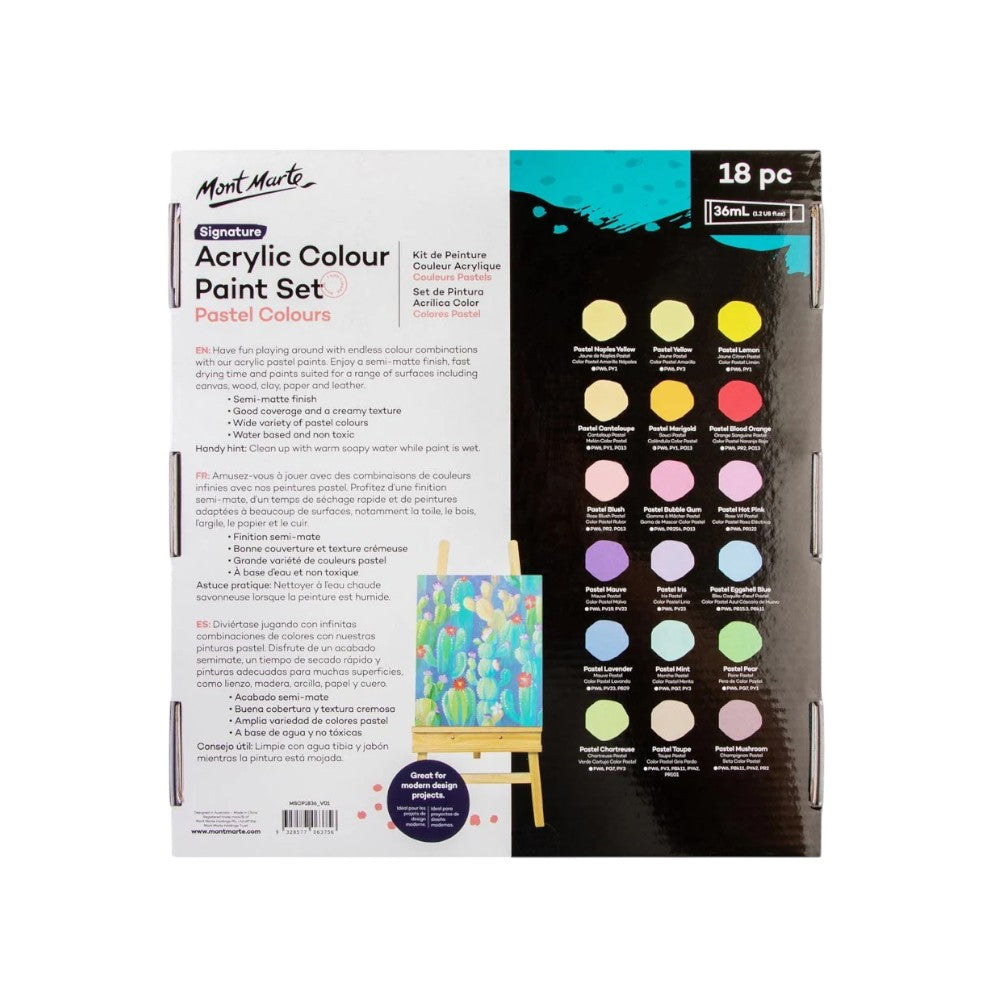 Mont Marte Signature Acrylic Pastel Paint Set (18x36ml) back view featuring product details and usage tips.