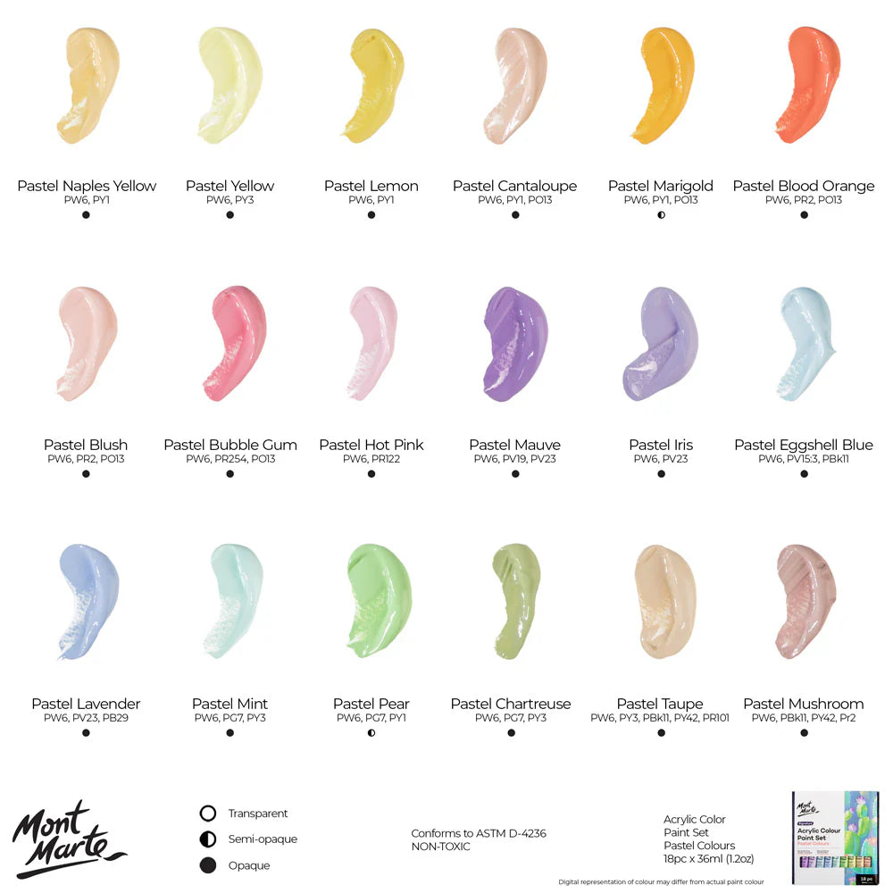 Marte Signature Acrylic Pastel Paint Set (18x36ml) colour chart displaying all available pastel shades.