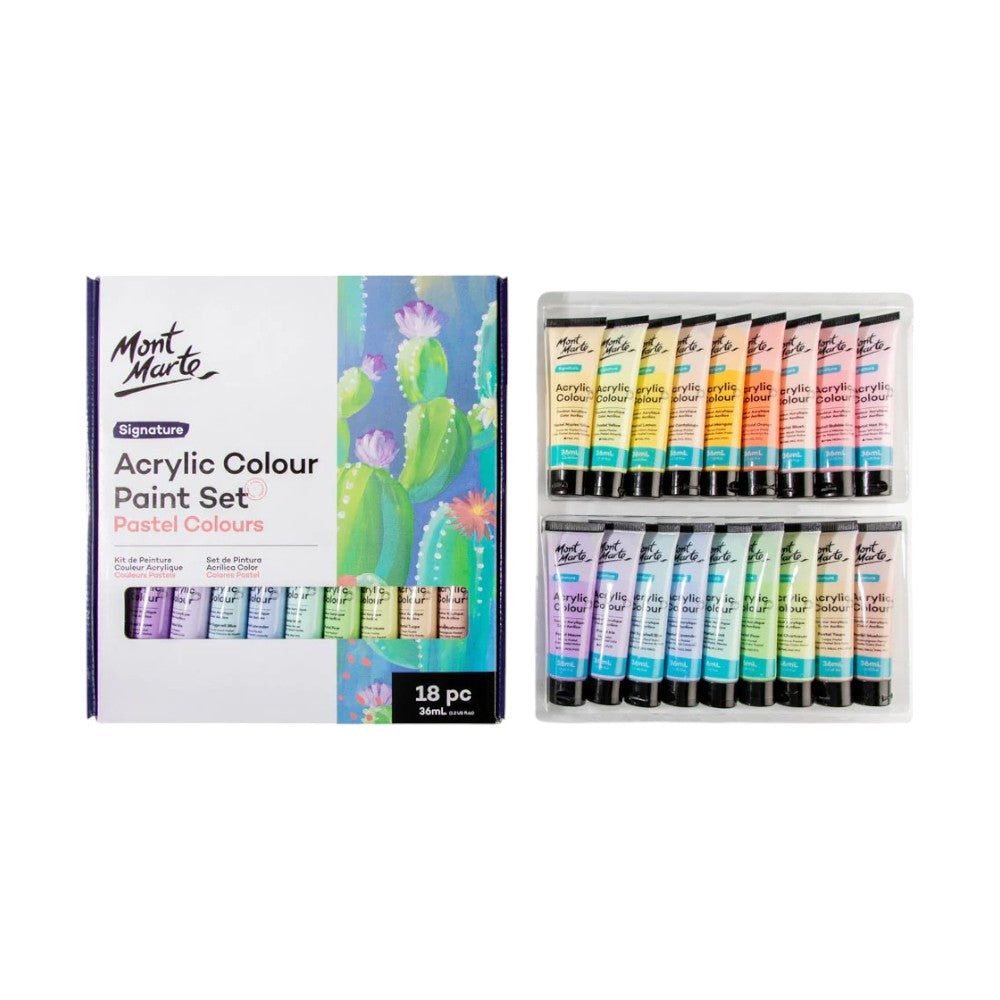 Mont Marte Signature Acrylic Pastel Paint Set (18x36ml) open view displaying neatly arranged paint tubes.