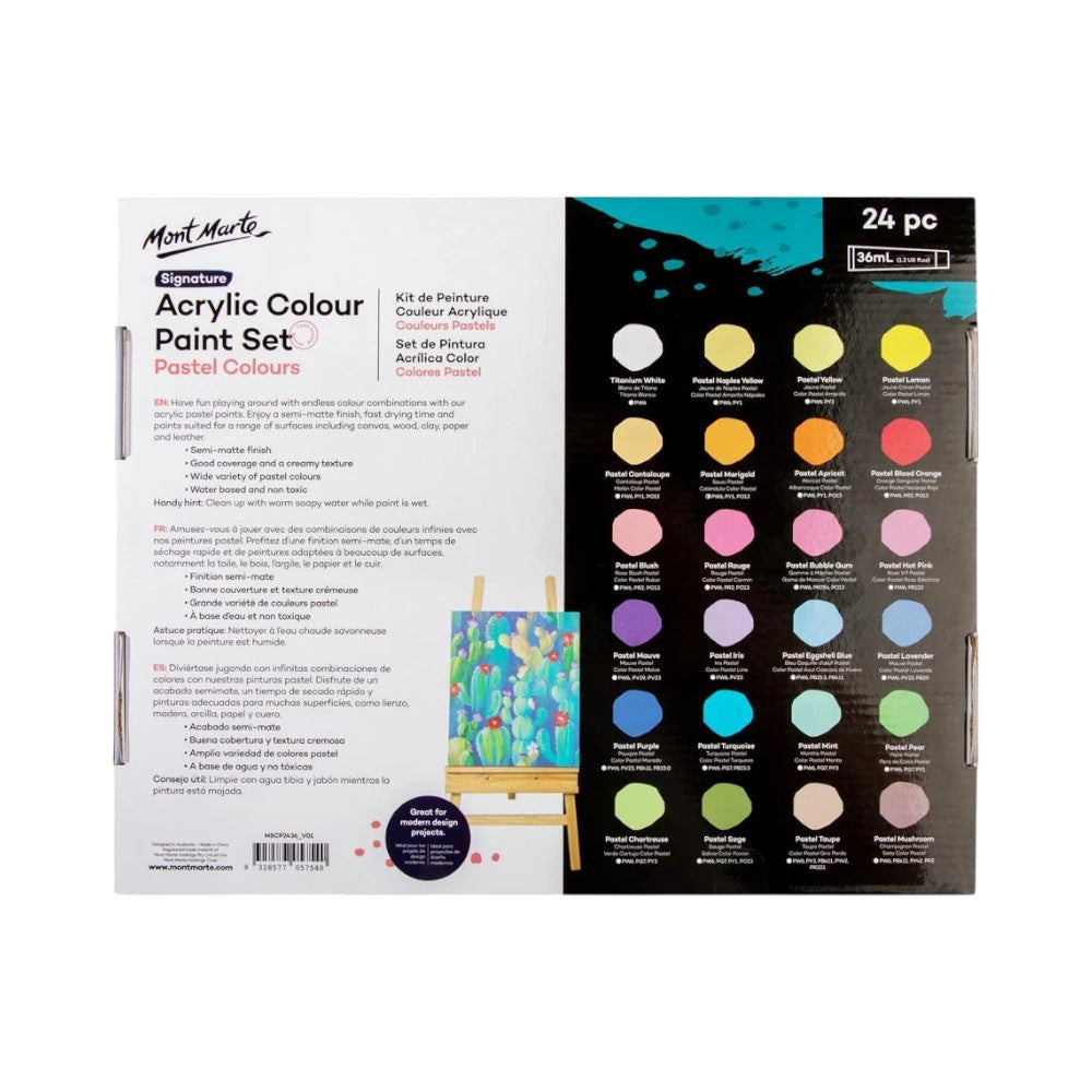 Mont Marte Signature Acrylic Pastel Paint Set (24x36ml) back view showcasing product information.