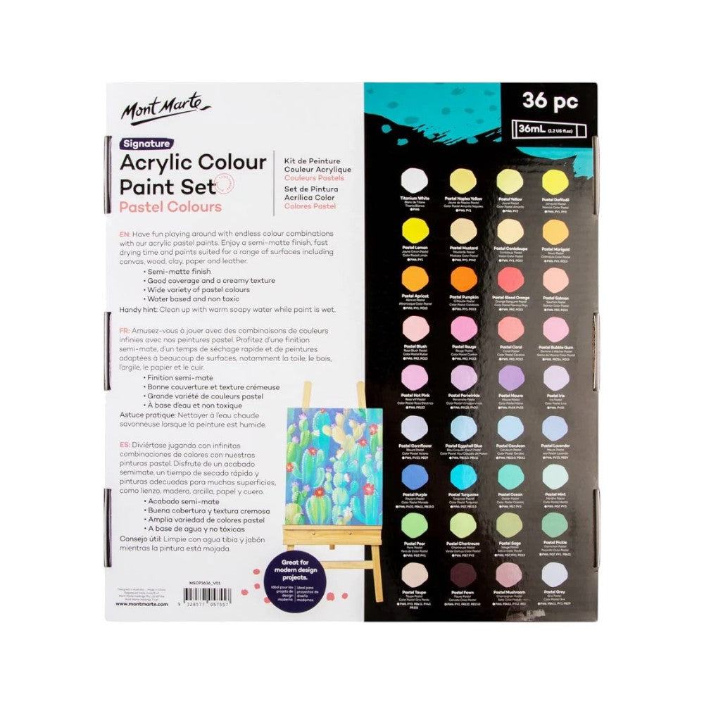 Mont Marte Signature Acrylic Pastel Paint Set (36x36ml) back view with detailed product information.