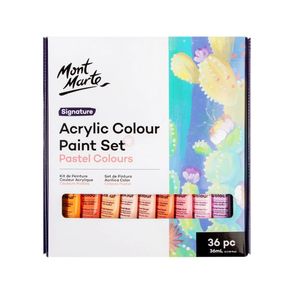 Marte Signature Acrylic Pastel Paint Set (36x36ml) front view displaying a wide range of pastel tones.