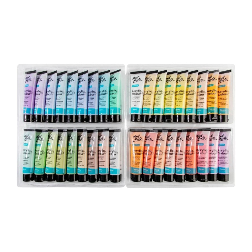Mont Marte Signature Acrylic Pastel Paint Set (36x36ml) open view showing neatly arranged pastel paints.