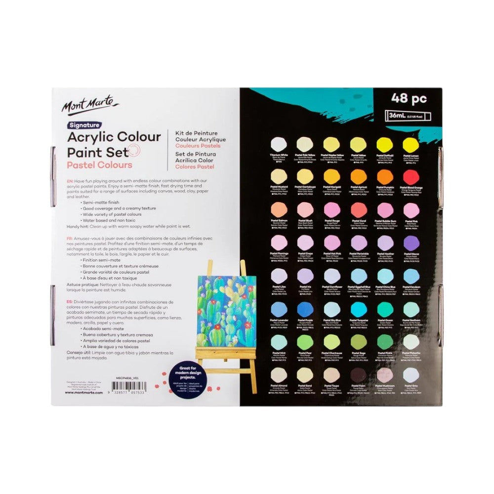 Mont Marte Signature Acrylic Pastel Paint Set (48x36ml) back view with product details and instructions.