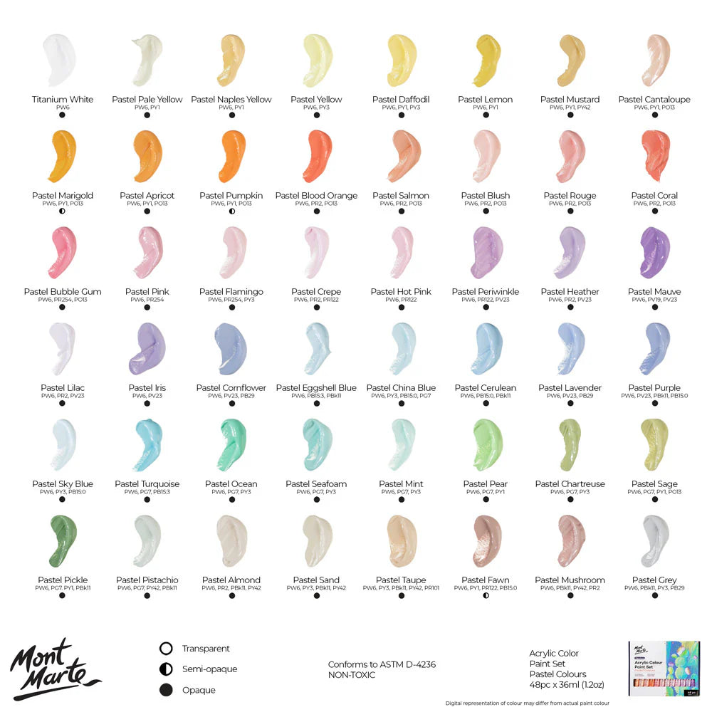 Mont Marte Signature Acrylic Pastel Paint Set (48x36ml) colour chart displaying all available pastel shades.