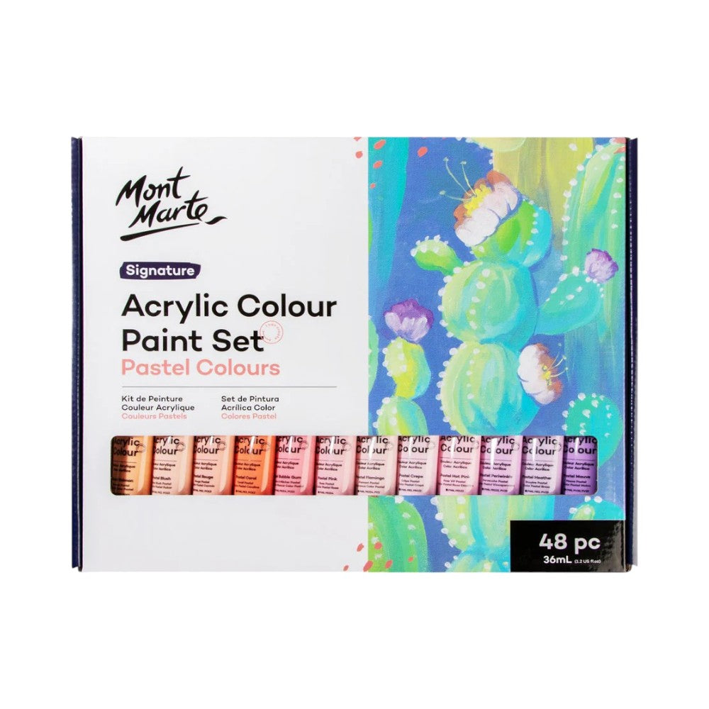 Mont Marte Signature Acrylic Pastel Paint Set (48x36ml) front view featuring an extensive pastel collection.
