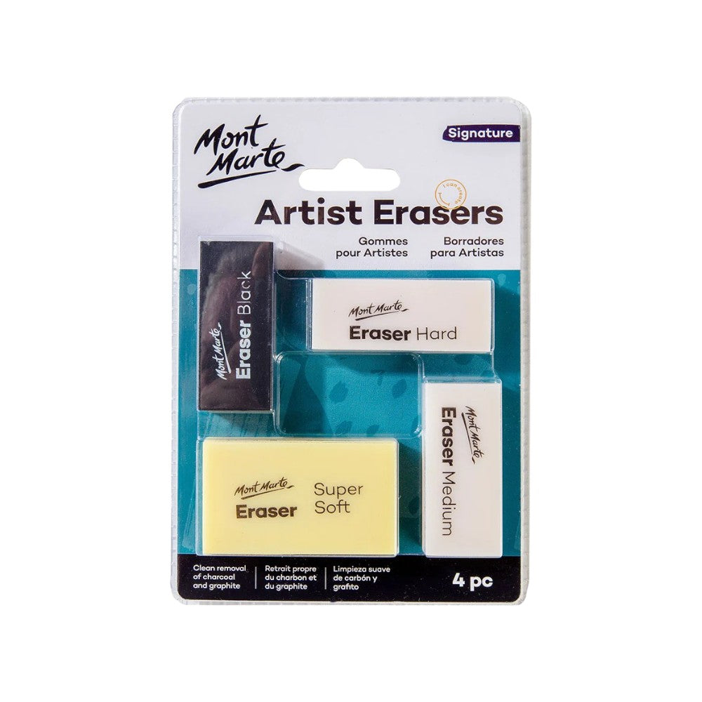 Mont Marte Signature Artist Erasers Set of 4 – Includes jumbo, hard, medium, and black erasers.