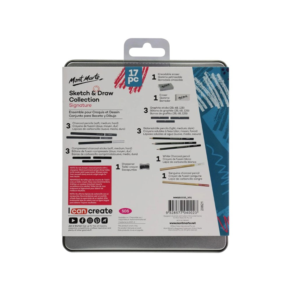 Mont Marte Sketch and Draw Collection Set of 17 - Tin Pack - Back View