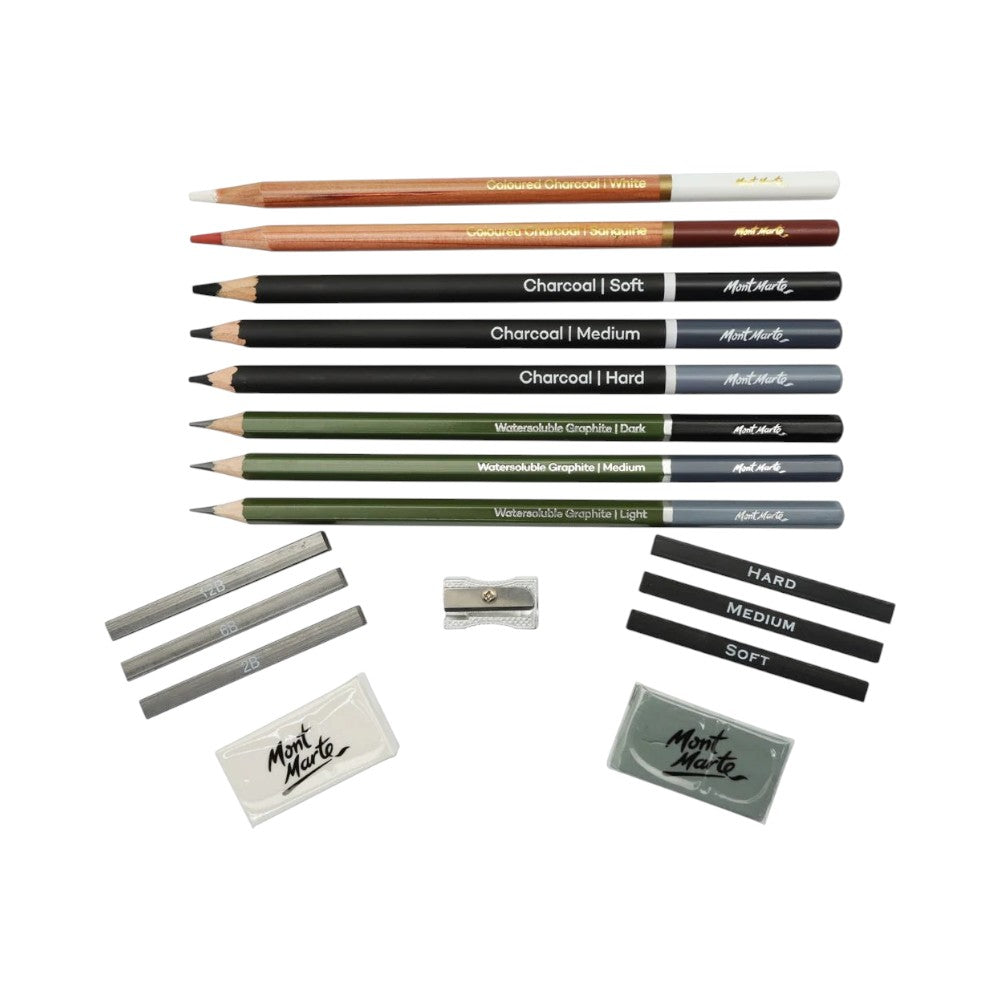 Mont Marte Sketch and Draw Collection Set of 17 - Tin Pack - Contents Display